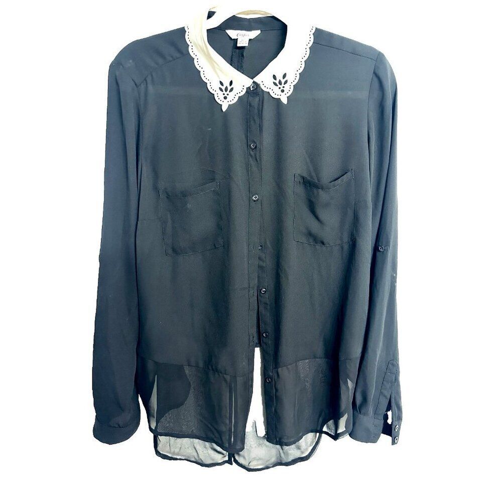 Candie's Long Sleeves Dark Academia Preppy Faux Leather Neck Sheer Blouse XL